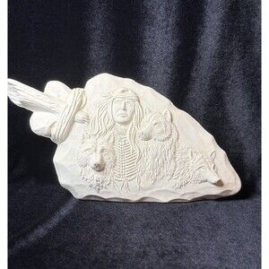 Vintage Ceramic Bisque Arrowhead Statue Figurine With Native American & Wolves